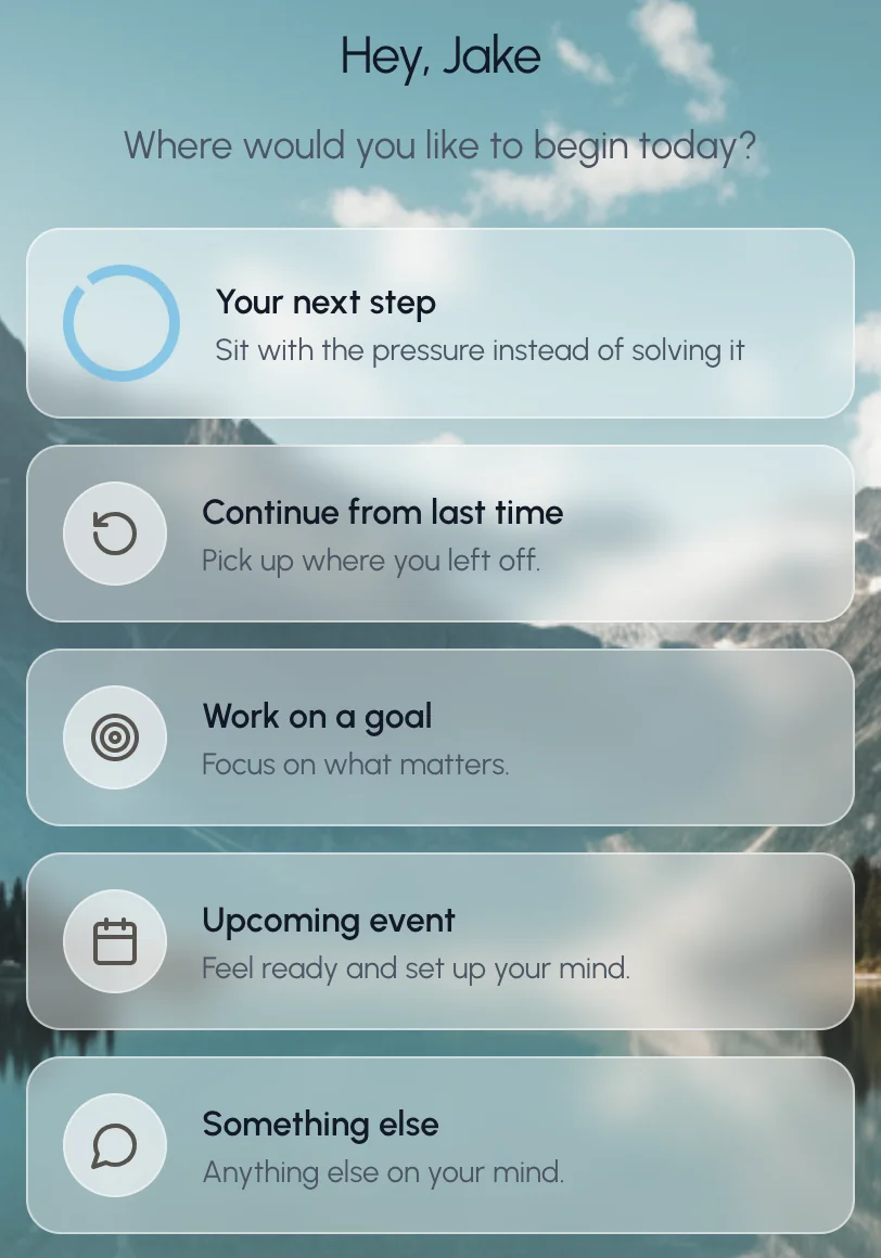 The MindsetOS coach home screen showing the next step and coaching options